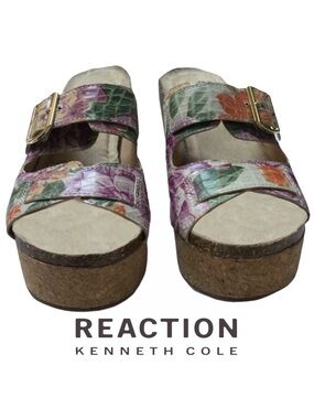 Kenneth Cole Reaction Cork Wedge Platform Sandals Floral Print Adjustable EUC 8